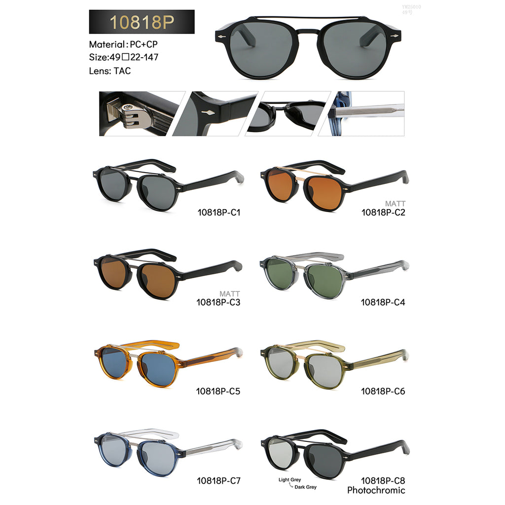 Rounded Geometric Double-Bridge Sunglasses | Metal-Bar Rivet-Detail Eyewear | 10818P