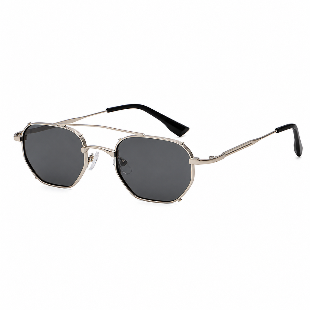 Geometric Double-Bridge Metal Sunglasses | Rim-Clip Navigator Eyewear | 669832