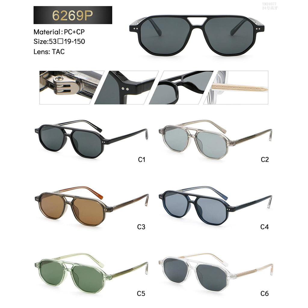 Square Double-Bridge Sunglasses | Transparent Rivet-Detail Navigator Eyewear | 6269P