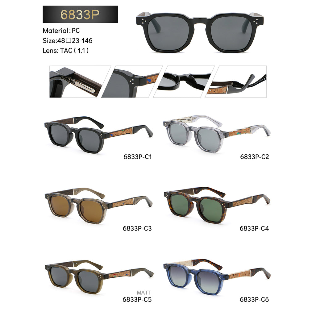 Rounded Square Sunglasses | Triple-Rivet Natural-Texture Temple Eyewear | 6833P
