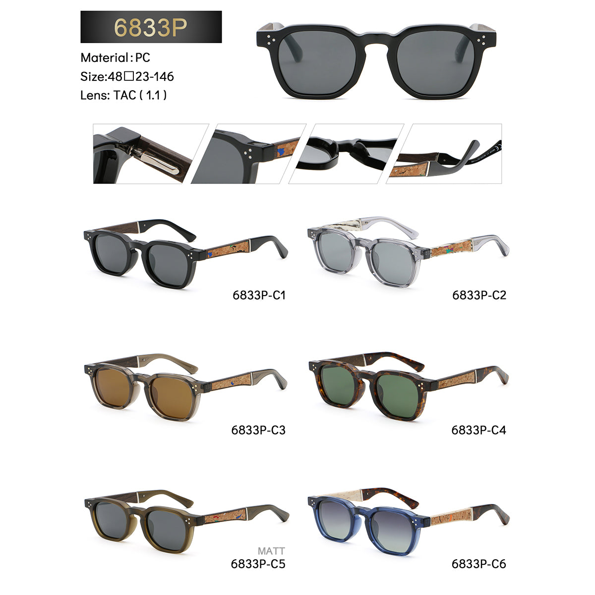 Rounded Square Sunglasses | Triple-Rivet Natural-Texture Temple Eyewear | 6833P