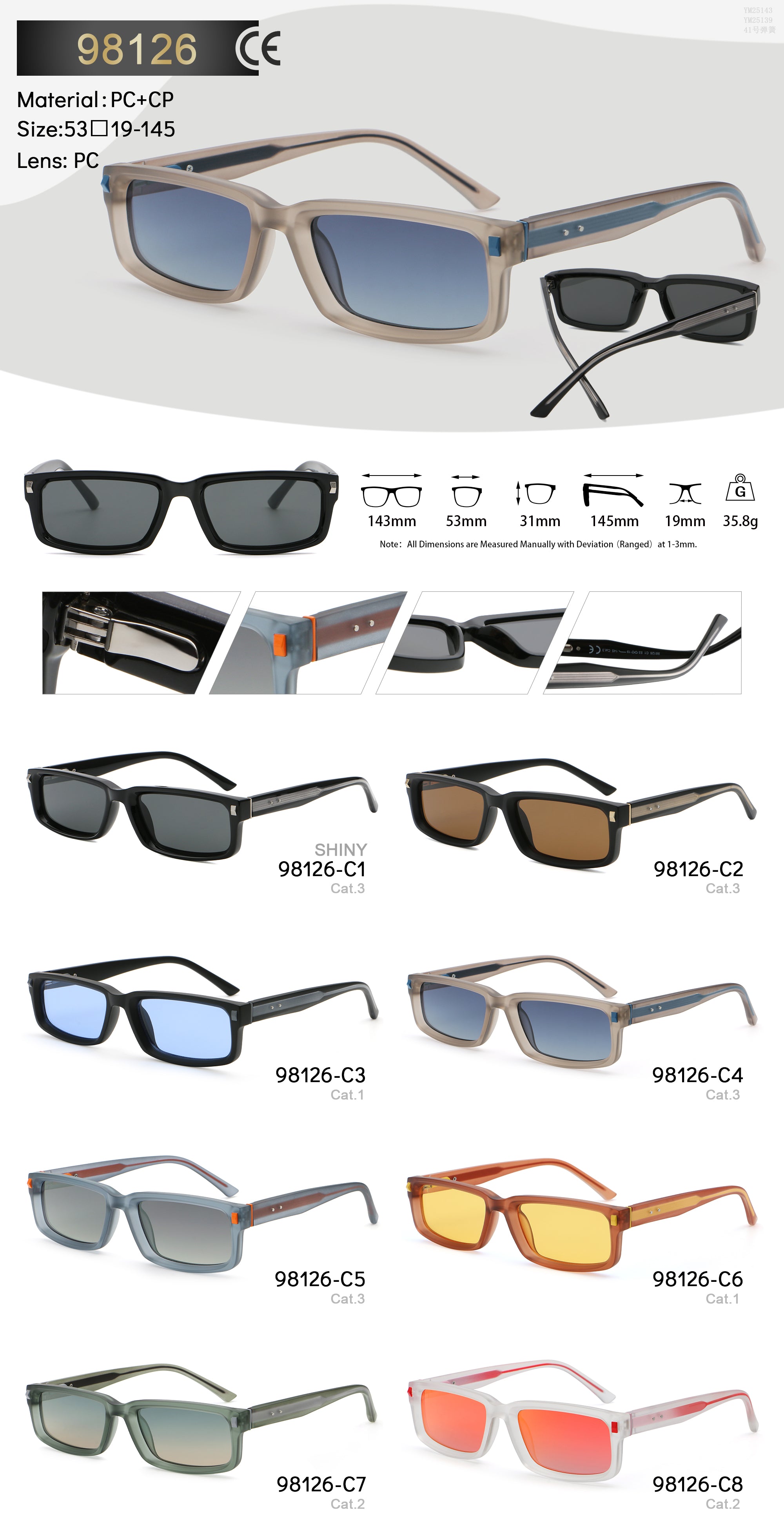 Wide Rectangular Sunglasses | Sculpted Temple Statement Eyewear | 98126