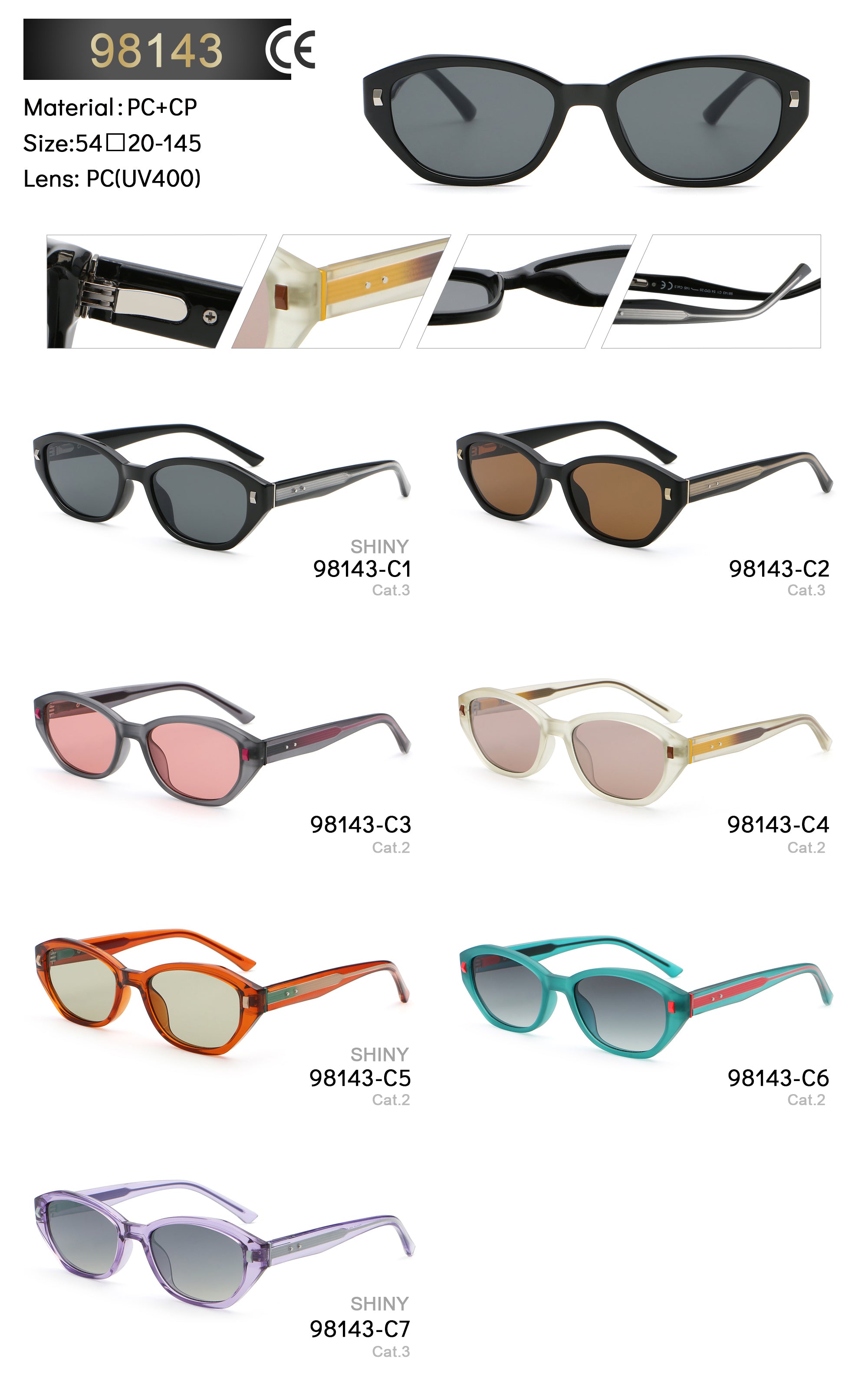 Soft Cat-Eye Sunglasses | Geometric Temple Detail Eyewear | 98143