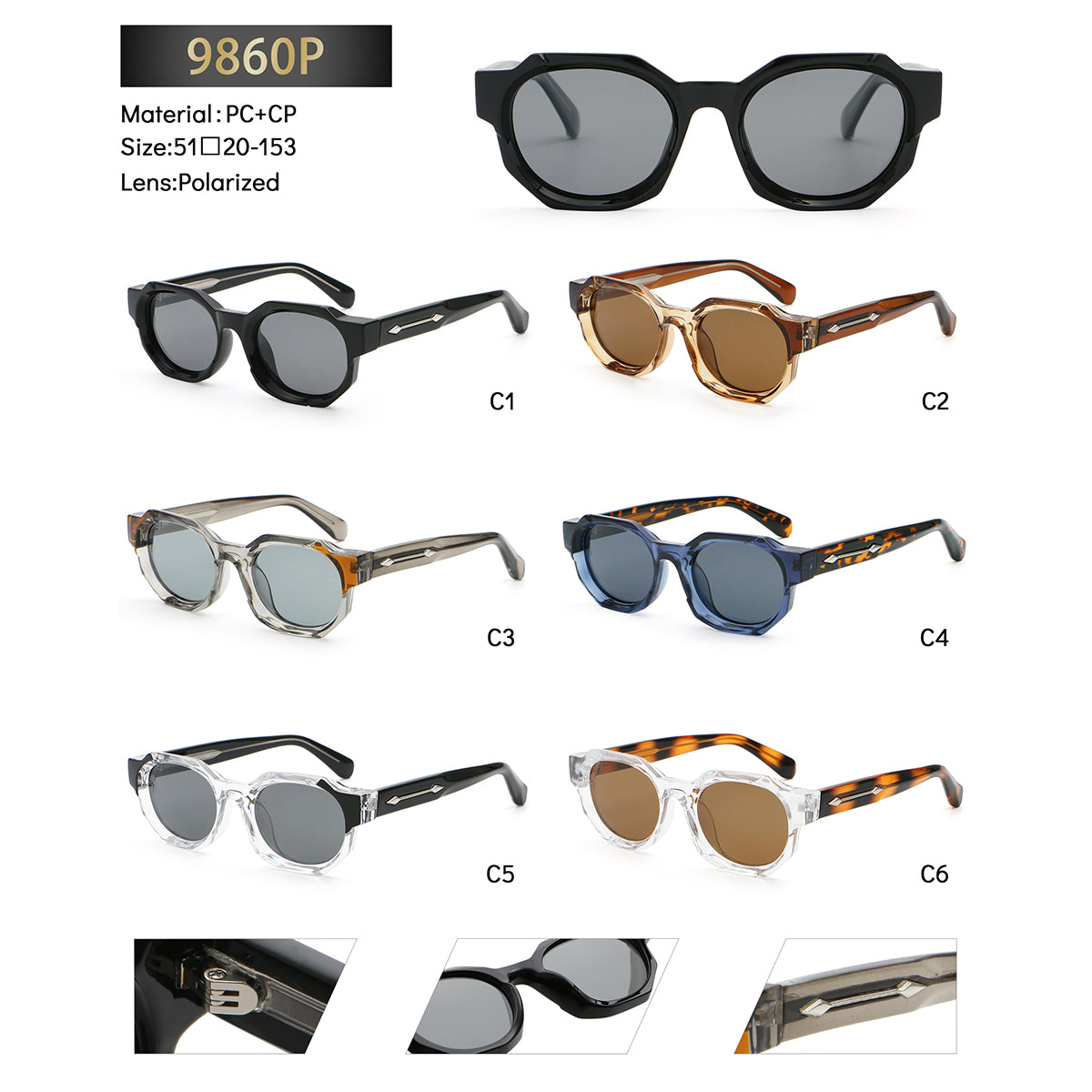 Geometric Round Sunglasses | Sculpted-Rim Metal-Accent Statement Eyewear | 9860P