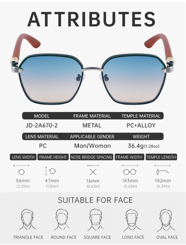 Geometric Frames, Fashion Sunglasses | Wood-Grain Temple for travel and street-style outfits | JD-2A670-2